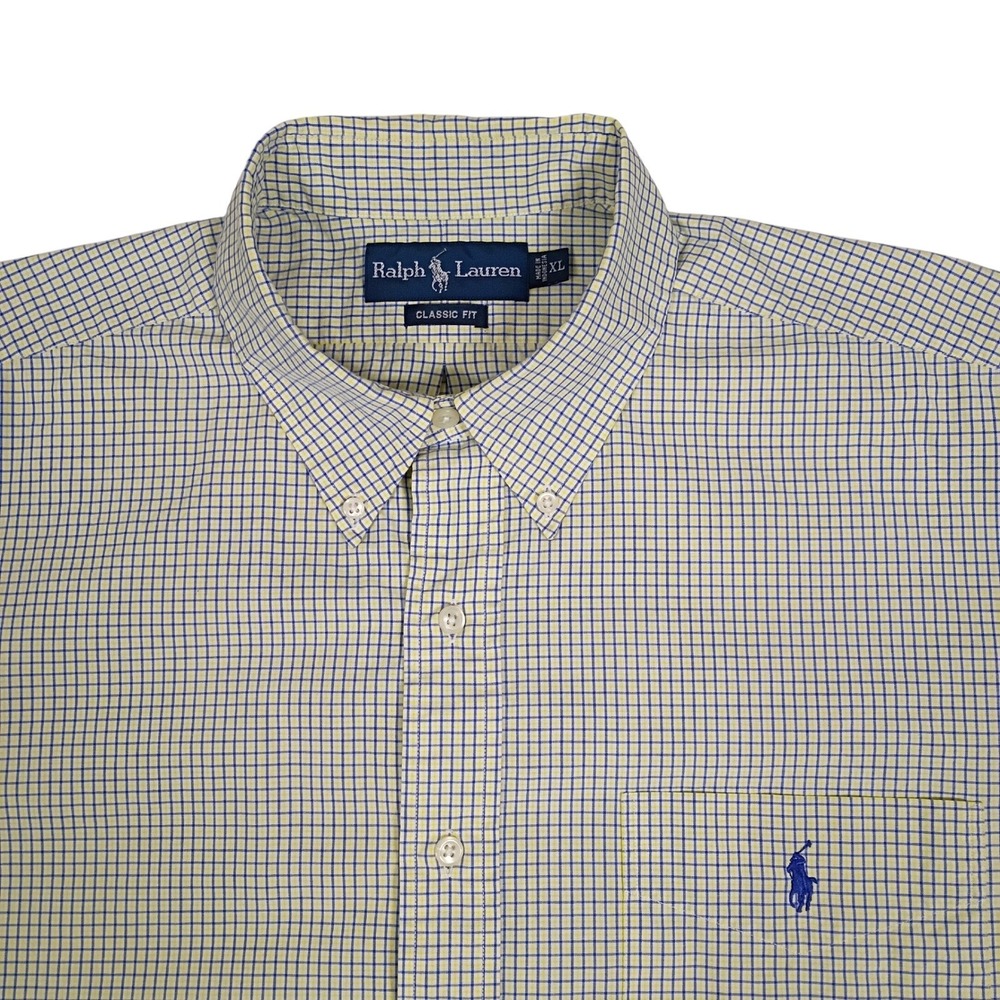 Ralph Lauren Mens Classic Fit Yellow Blue Gingham Checkered Button Down Shirt XL